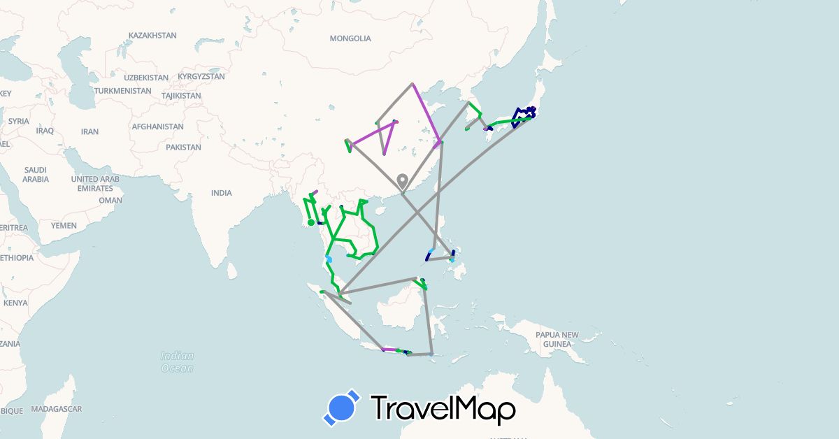 TravelMap itinerary: driving, bus, plane, train, hiking, boat, motorbike in China, Indonesia, Japan, Cambodia, South Korea, Laos, Myanmar (Burma), Malaysia, Philippines, Singapore, Thailand, Vietnam (Asia)
